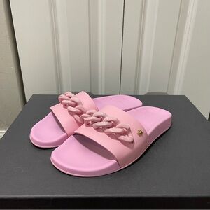$650+NEW Versace Pink Medusa Leather/Rubber Chain Slides Sandals Sz IT40/US9.5